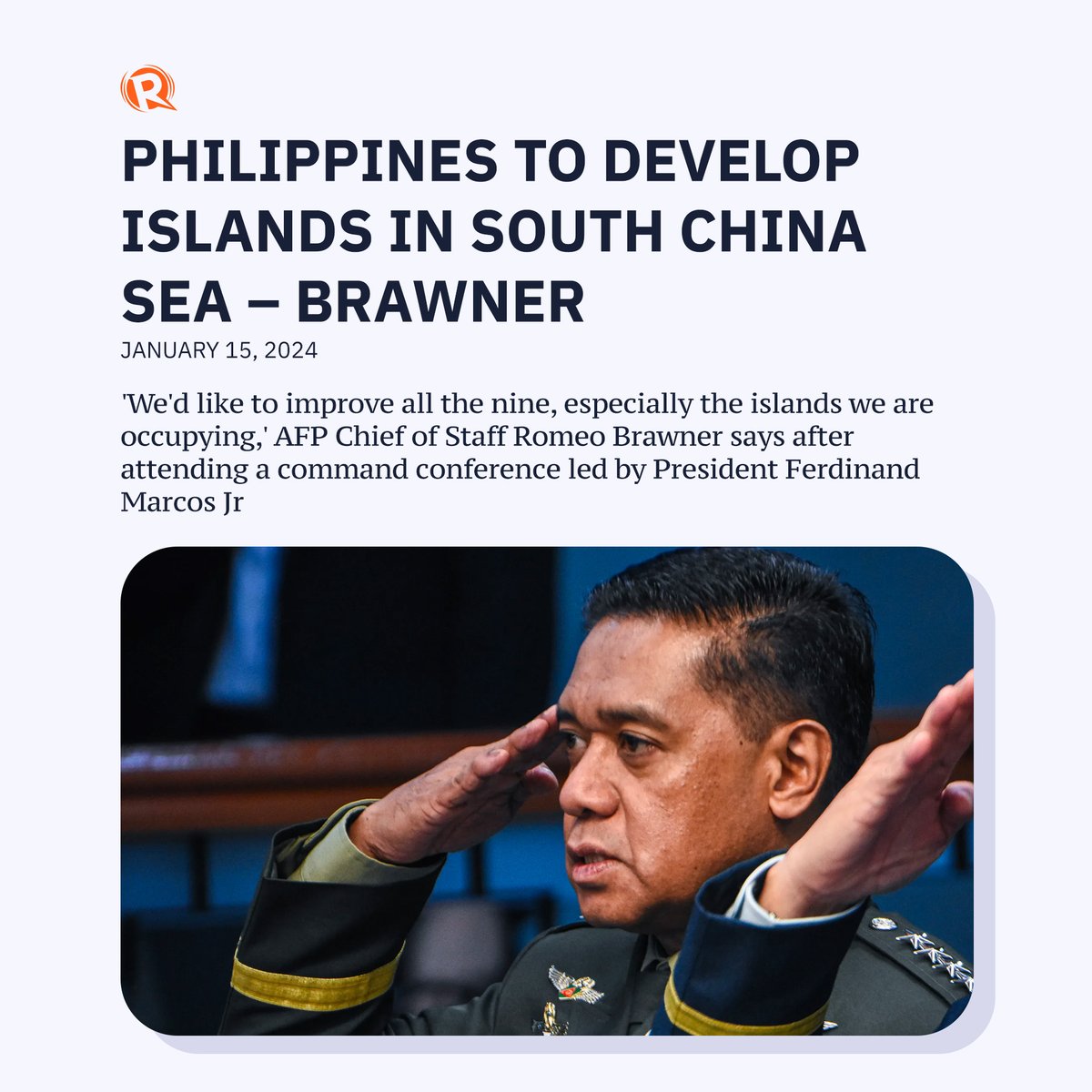 rapplerdotcom's tweet photo. The Philippines will develop islands in the South China Sea that it considers part of its territory to make them more habitable for troops, Manila’s military chief Romeo Brawner told reporters on Monday, January 15. https://t.co/ZJenV1ycsW https://t.co/cN0vdfeGJ9