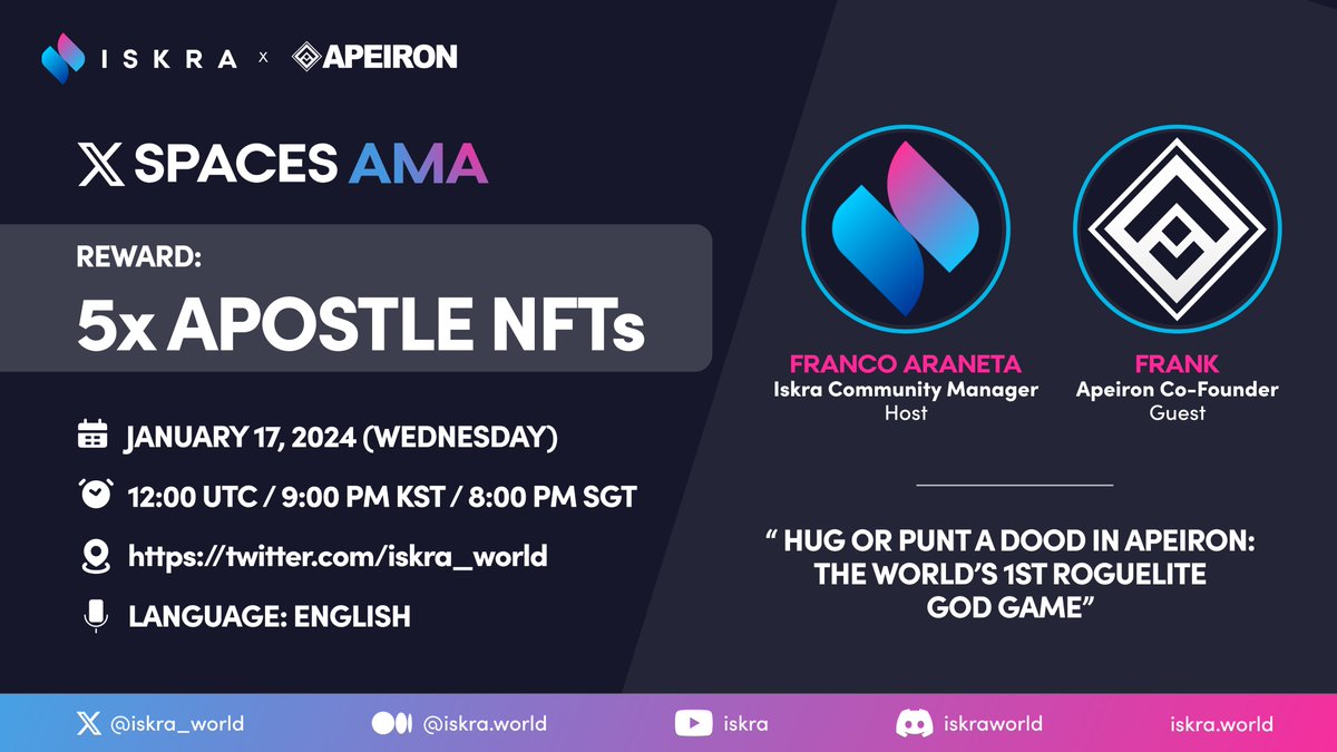 Iskra (@iskra_world) on Twitter photo ๐ AMA + #Apeiron NFT Giveaway ๐ฃ
Don't miss our Twitter Spaces AMA + #giveaway w/ the hottest #NFT project rn - <a href="/ApeironNFT/">Apeiron</a>. ๐ ๐ฅ
Complete the tasks for a chance to win an Apostle NFT (valued at more than $100!) from their #Godiverse collection. ๐
๐๏ธ January 17th | 12:00 ๐ AMA + #Apeiron NFT Giveaway ๐ฃ
Don't miss our Twitter Spaces AMA + #giveaway w/ the hottest #NFT project rn - <a href="/ApeironNFT/">Apeiron</a>. ๐ ๐ฅ
Complete the tasks for a chance to win an Apostle NFT (valued at more than $100!) from their #Godiverse collection. ๐
๐๏ธ January 17th | 12:00