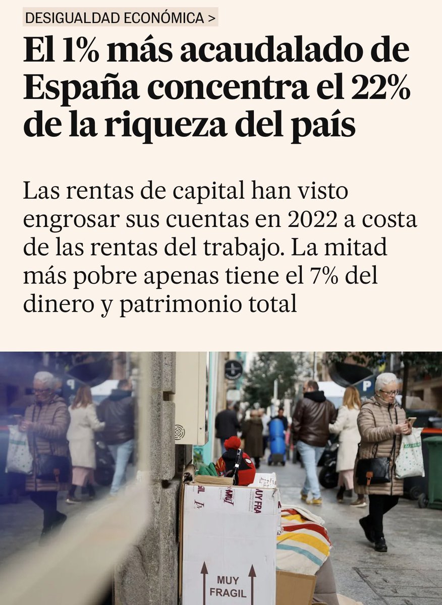 “El 1% más acaudalado de España concentra el 22% de la riqueza del país. La mitad más pobre apenas tiene el 7% del dinero y patrimonio total. Las rentas de capital aumentaron sus cuentas en 2022 a costa de las rentas del trabajo, según Oxfam Intermón” cincodias.elpais.com/economia/2024-…