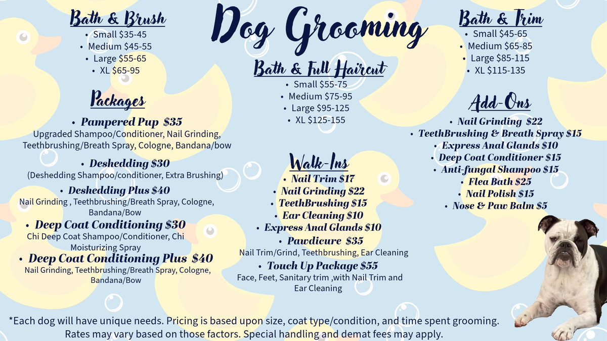 WhataRuffLife's tweet photo. As many of you already know our fabulous new groomer Jen recently started with us! Down below is her board with all grooming information, prices, packages, and more! We encourage you to take a look and book an appointment with us soon, as slots fill up quickly. Thank you! 🐶💙 https://t.co/lzeDhq5ZjJ