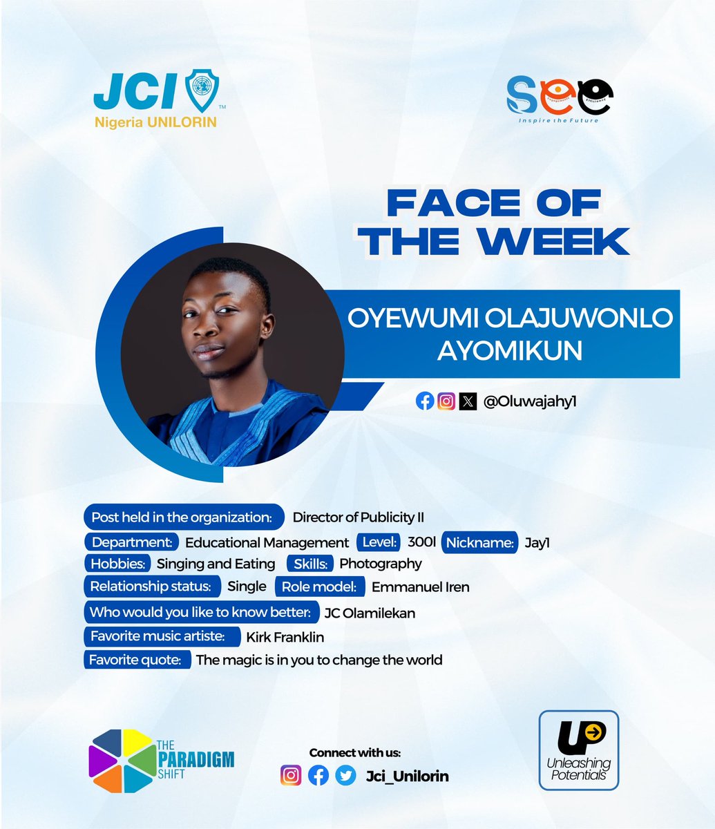 JCIN_UNILORIN's tweet photo. FACE OF THE WEEK🤩
Oyewumi Olajuwonlo Ayomikun
Olajuwonlo is a student of 300level of educational management. Capturing moments with his lens is what he does best.
He believes that "magic is in you to Change the World."
#UnleashingPotentials
#JCINUNILORIN
#REVAMP
#BetheStory https://t.co/FFT6VfJhq6