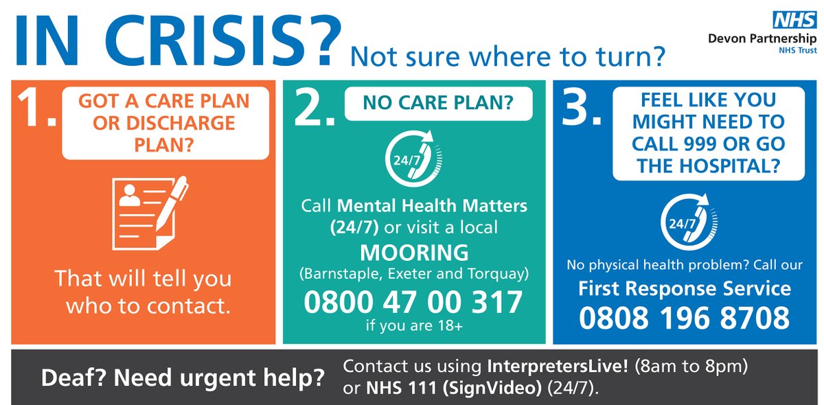 DPT_NHS's tweet photo. If you are struggling with your #MentalHealth and are in crisis, there are a range of services you can call for support. The Devon Moorings @MHM_Info on 0800 47 00 317 or our #FirstResponseService on 0808 196 8708. https://t.co/L5SF9BPyLL https://t.co/Ob4Ow5rcgY