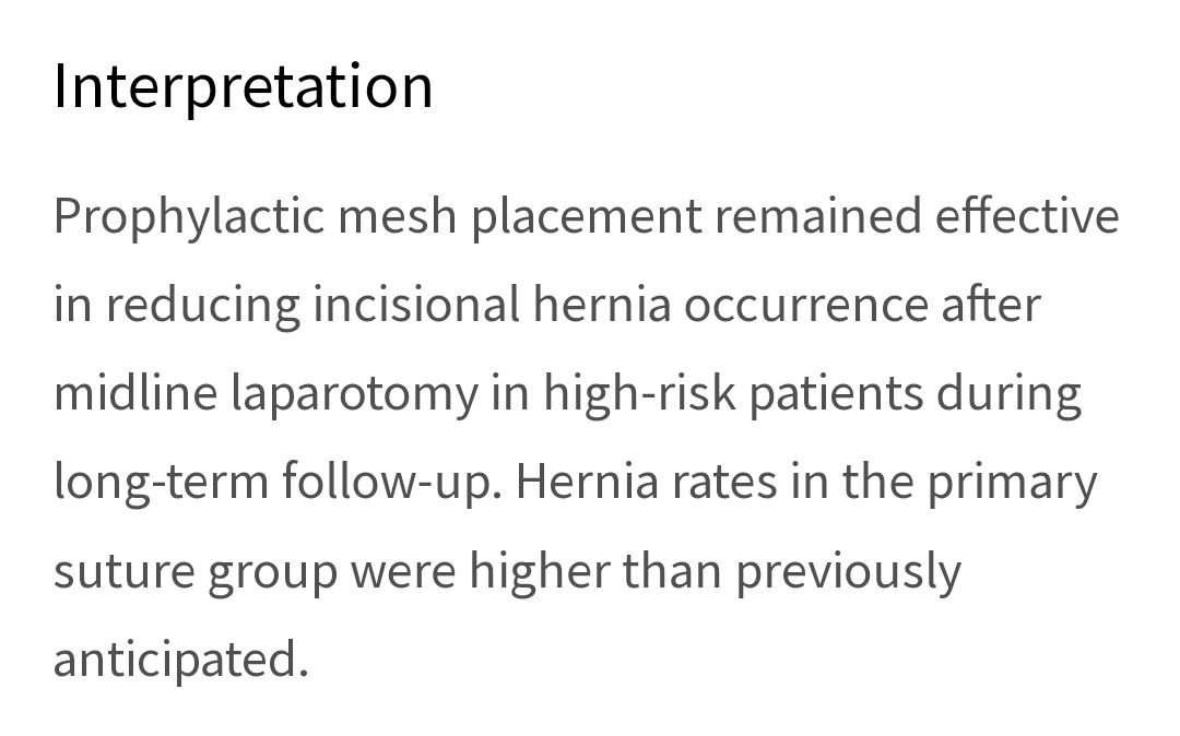 buff.ly/4201jDW Prevention of #IncisionalHernia with prophylactic onlay and sublay mesh reinforcement vs. primary suture only in midline laparotomies (PRIMA): long-term outcomes of a multicentre, double-blind, #RCT. #HerniaPrevention #HerniaSurgery #AWSurgery