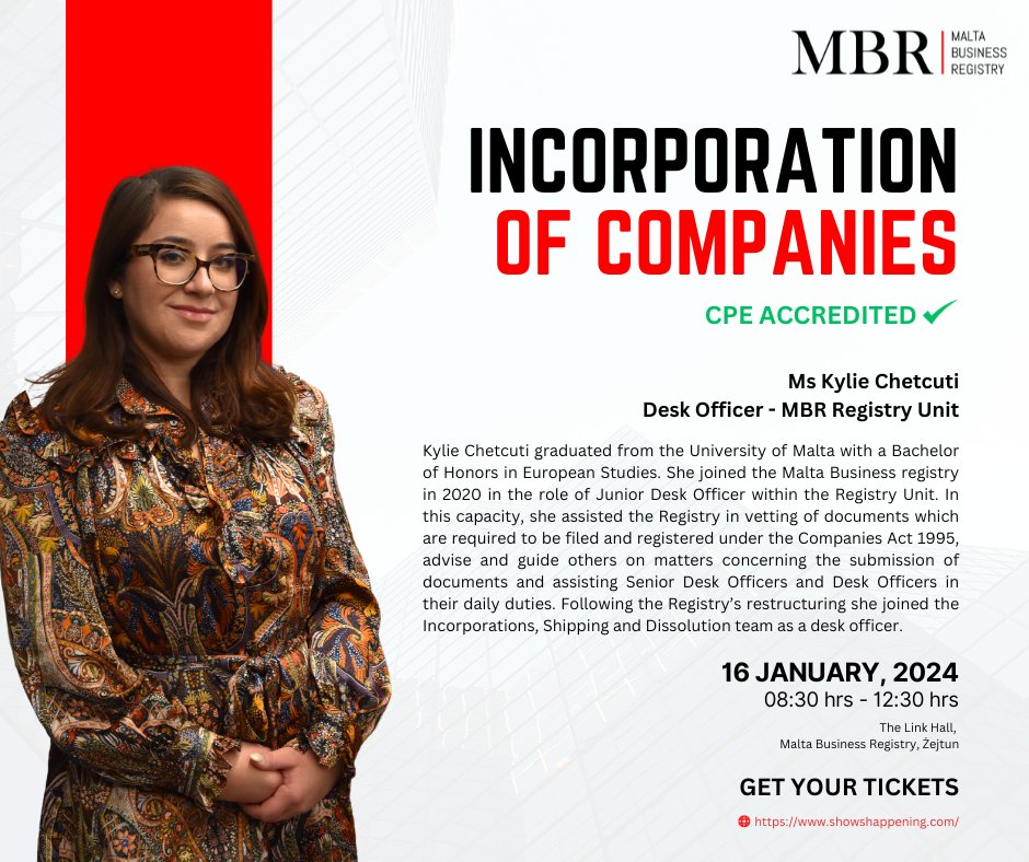 Incorporation of Companies - Accredited ✅ Training Seminar

Ms Natalie Farrugia and Ms Kylie Chetcuti will both be speakers on the 16th of January 2024

Get your tickets:
showshappening.com/Malta-Business…