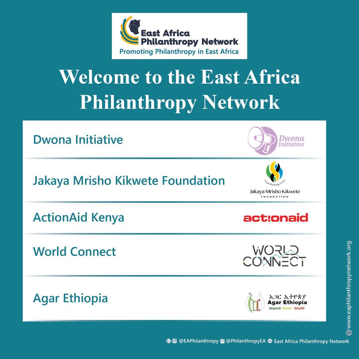 EAPhilanthropy's tweet photo. NEW YEAR: NEW MEMBERS 🥳

We are honored to welcome this changemakers to our collective:

@DwonaInitiative is a nonprofit organization based in Kampala, Uganda. Focused on empowering girls and women, they work tirelessly to dismantle barriers to education, foster entrepreneurship, and create safe spaces. Their efforts are instrumental in combating gender-based violence, gender inequality, and poverty.

The Jakaya Mrisho Kikwete Foundation @jmkfhq  is a trust and non-profit organization that aspires to transform lives through collaborative efforts. Their vision is to complement and enhance the development initiatives of the government and other stakeholders in Tanzania and Africa.

@ActionAid_Kenya is a non-partisan and non-religious development organization whose primary focus is on ending poverty and injustices. They support local women’s groups to prevent abuse against women and girls and ensures that survivors are heard, treated, and have the backing of the law​​​​​​​​. 

@WorldConnectUS champions a unique approach, investing directly in the innovative ideas of local leaders in the Global South, who are ideally positioned to drive self-sustaining development in their communities. Their support brings about significant improvements in health, education, economic opportunity, and the environment, with a particular impact on women and girls. 

@AgarEthiopia is a charitable organization committed to facilitating human development. They focus on improving the quality of life for elders, children, women, mentally affected individuals, refugees, returnees, internally displaced persons, victims of trafficking, and survivors of violence.
 
Welcome aboard!💖