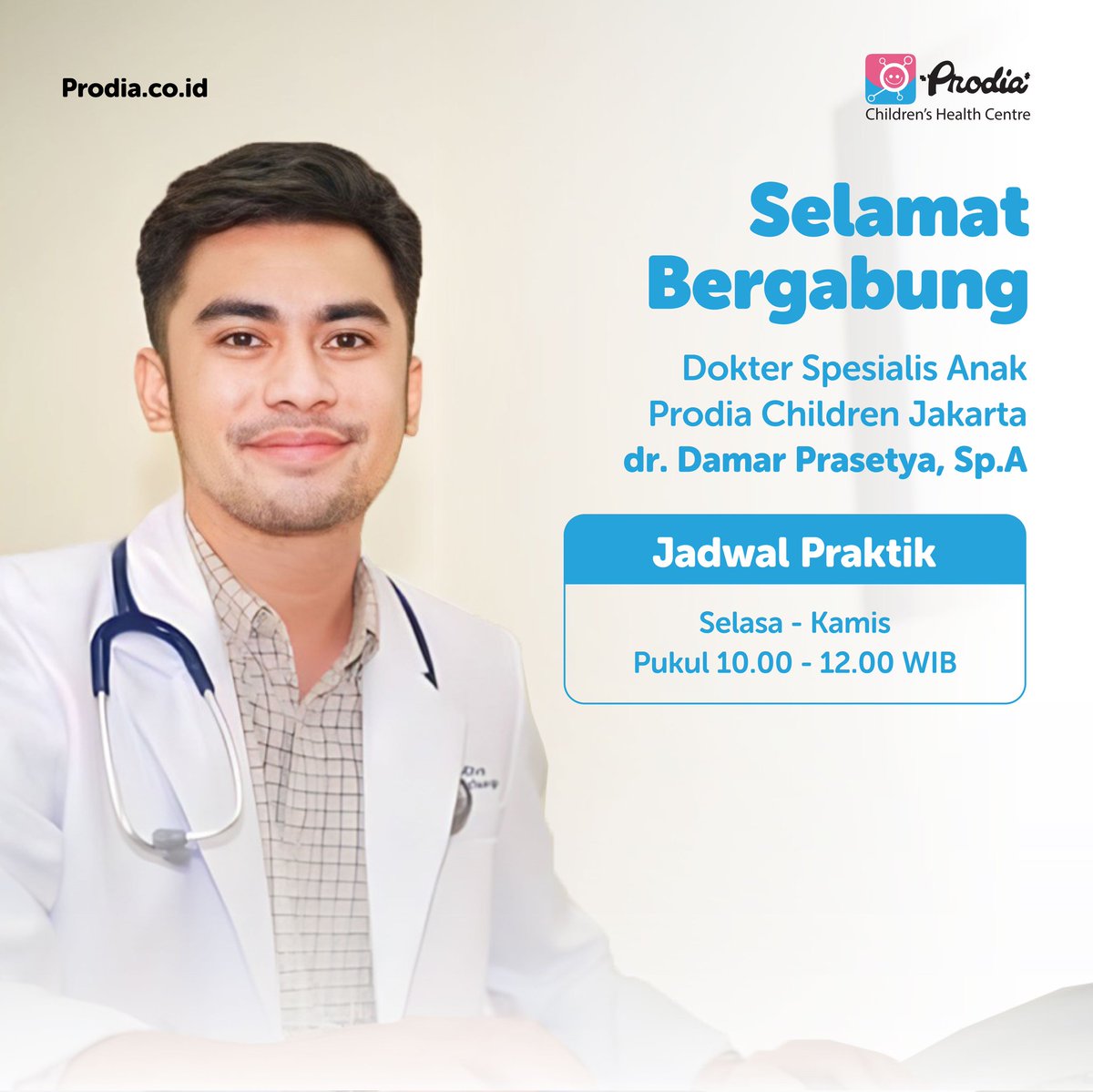 prodia_children's tweet photo. Selamat Bergabung dr. Damar Prasetya Ajie Putra, Sp.A.
Untuk konsultasi mengenai kesehatan buah hati Anda, Mom’s n Dad’s dapat menghubungi:
📞 Call center: 1500 830
📱 Chat via WA: 0855 1500 830
#ProdiaChildren #LindungiMasaDepannya #MelangkahLebihJauh #PersonalandPrecisePartner https://t.co/L3zcOVYmxS