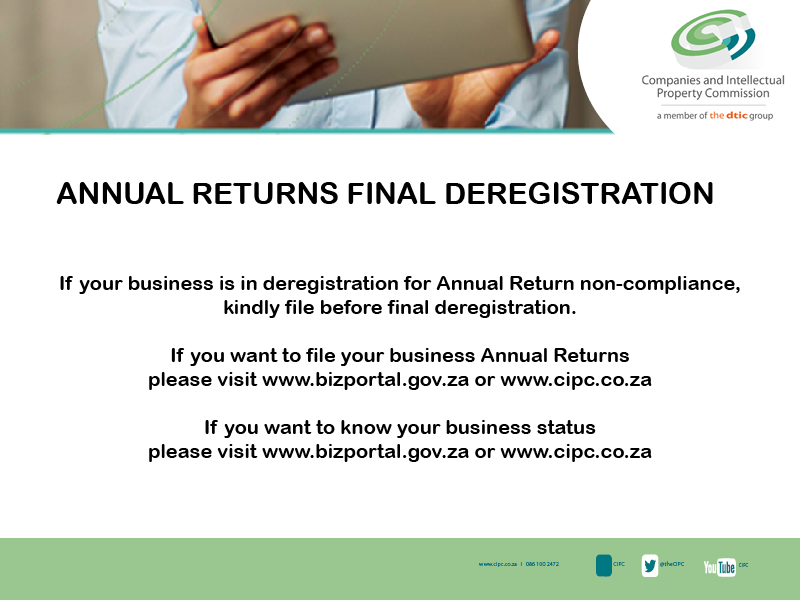 theCIPC's tweet photo. Dear Customer
The systematic final deregistration will occur on 19 January 2024, β³ 4 days left before final deregistration. If your company is in AR deregistration process, you can still file your annual returns on https://t.co/p1SVkqhXUu
#CIPC
#ARFiling https://t.co/w9jmSKpeFj