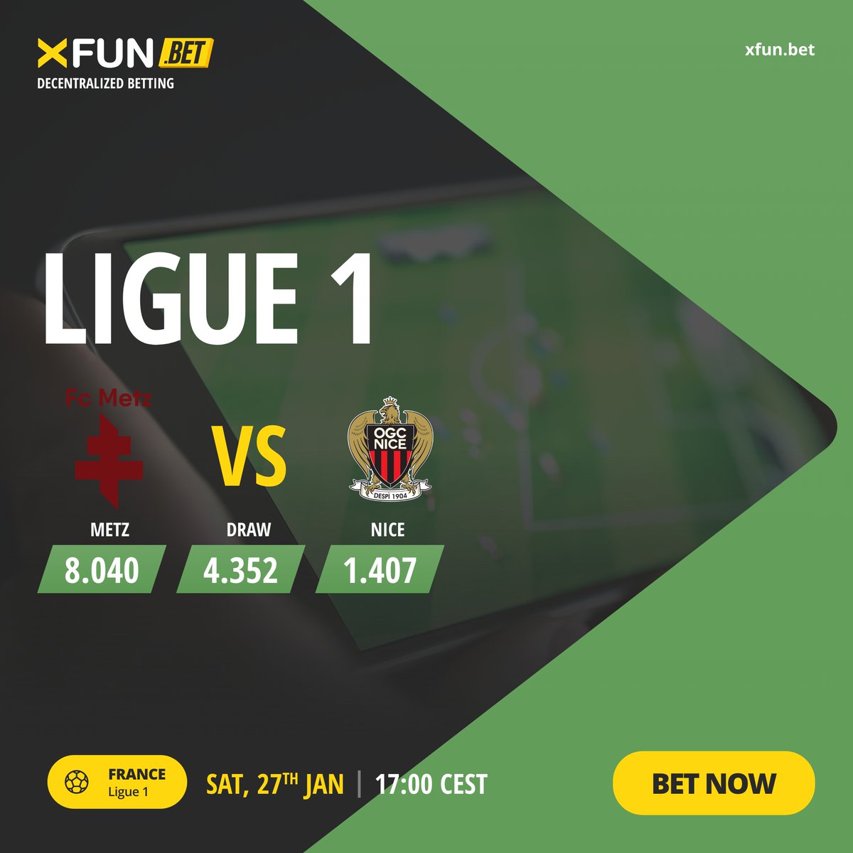 XFUNBet's tweet photo. ⚽🇫🇷 Ligue 1 excitement! Metz takes on Nice in a thrilling football duel. Bet now on https://t.co/GDGXJlMQ3R! #XFUNBet #MetzNice #Ligue1 🏆🔥 https://t.co/Gdqt07JIn2