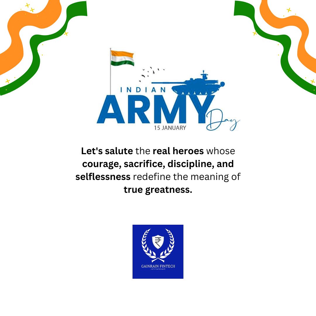 Commending the Indian Army's courage & dedication as we celebrate Army Day.

#gainrainfintech #SaluteToHeroes #inspiration #Patriotism #ArmyDay2024 #ARMY #IndianArmy #IndianArmyDay2024 #india #JaiHind  #Soldiers #IndianAirForce #IndianNavy #HeroAmongUs #SaluteToSoldiers #Salute