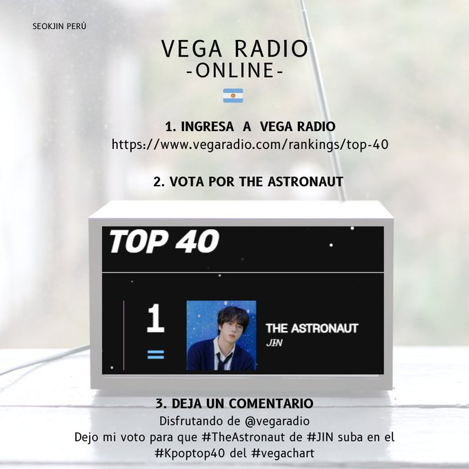JinRadioTasks's tweet photo. 📻 VEGA RADIO
1. Ingresa a :
https://t.co/UYoQ8lbDUr
2. Vota por The Astronaut
3. Deja un comentario
Disfrutando de @vegaradio
Espero escuchar #TheAstronaut de #JIN y dejo mi voto para que suba en el #Kpoptop40 del #vegachart https://t.co/qpNxbt7dUC