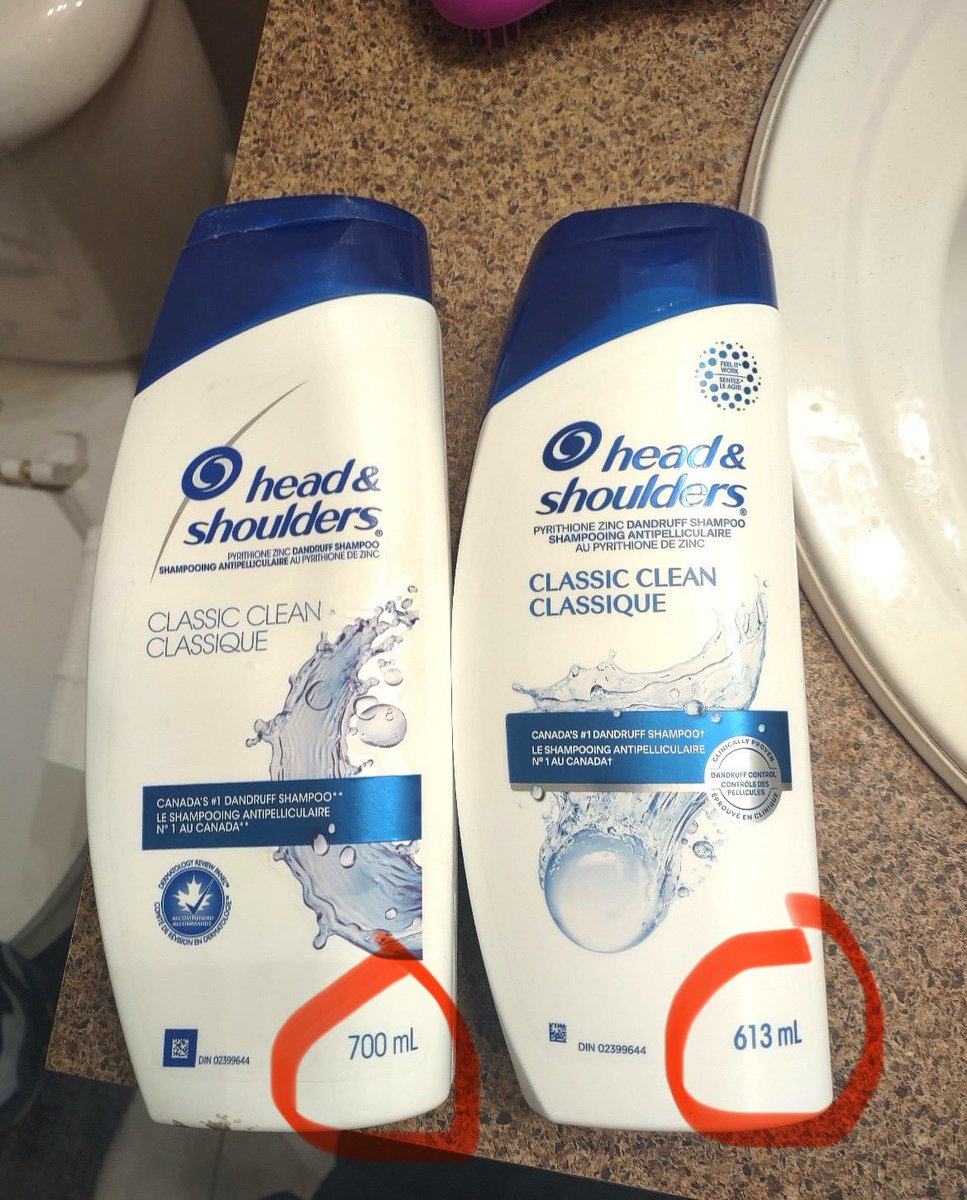Inflation? What Inflation? 🔥

Shrinkflation. 700 mL vs 613 mL

Less shampoo, higher price. What other products have you noticed this happening lately?