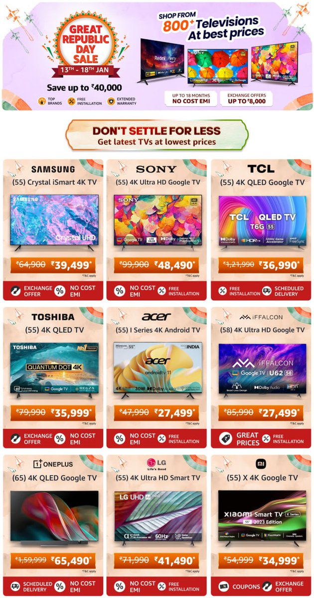 🇮🇳 Great Republic Day Sale
Sale Live Now

Shop from 800+ Televisions At Best Prices!
⚡️Save up to Rs 40,000
-Up to 18 months No Cost EMI
-Exchange Offer Up to Rs 8,000
Shop Now :- amzn.to/47vkjv7