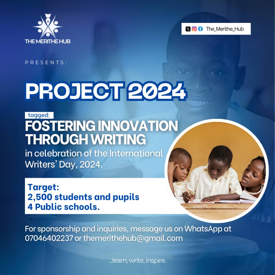the_merithe_hub's tweet photo. INTERNATIONAL WRITERS' DAY 2024 is coming soon....
Join us as we distribute quality writing materials to 2,500 students across Four Public schools.
Make a change with us by:
-Donating Funds
-Donating writing materials
@the_merithe_hub
#promotingSDG4
#Internationalwritersday2024 https://t.co/3WHfRB4cN1