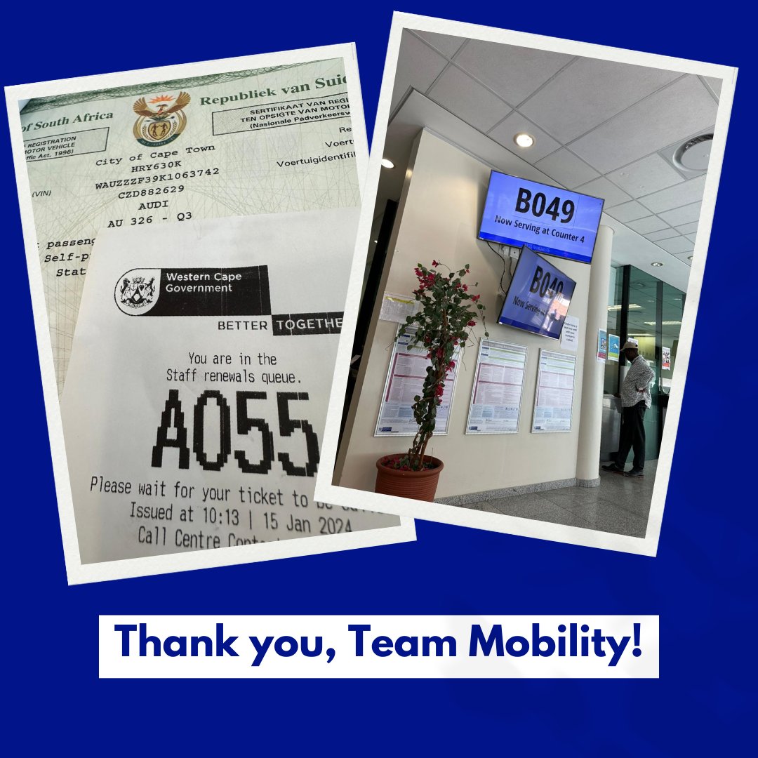 This morning I am testing the Vehicle Licensing system. The use of technology for queuing makes things fast and efficient. Thank you to the <a href="/WesternCapeGov/">Western Cape Gov</a> Mobility team! 👏🚗