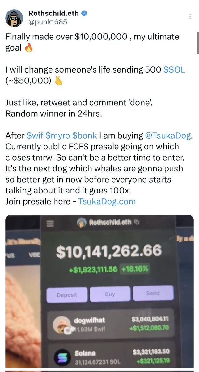 DogeUp's tweet image. Tsukadog.com is a scam. Watch out. @punk1685 uses hype from legit meme coins and inserts presale opportunities for scam coins. @roshionsol was another scam he promoted a few days ago. These scammers reskin the same website asking you to send $SOL to their addy.