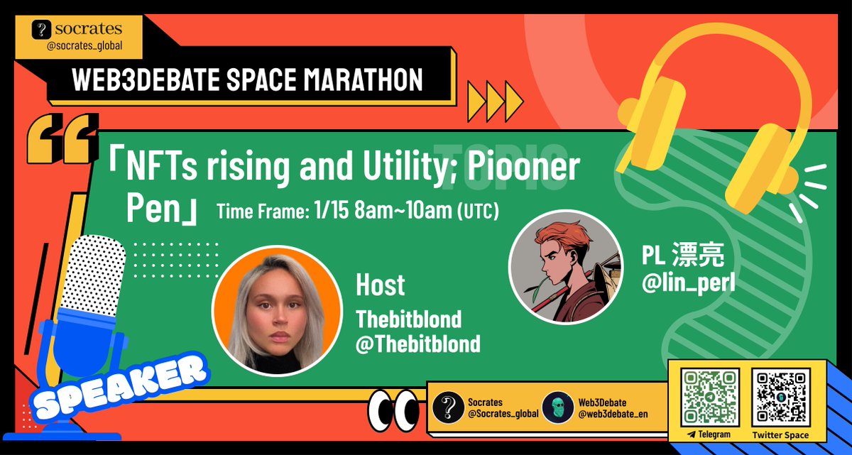 web3debate_en's tweet photo. 🚀Dive into Web3Debate Space Marathon 005! 

Topic: NFTs Rising and Utility; Pioneer Perspectives. Join the space, express your insights, and connect with our host @Thebitblond and speaker @lin_perl. 

Explore the world of NFTs and unravel the Socrates Piooner Pen. 

#web3debate https://t.co/tpPpY643Px