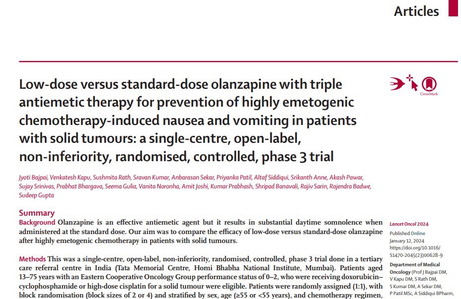 Emesis and Nausea are significant problem that affects the quality of life during the treatment of patients with cancer! ⏺️ @TataMemorial 🇮🇳 New study in @TheLancetOncol Low-dose olanzapine (2.5 mg) effectively prevents chemotherapy-induced nausea, with less daytime sleepiness…