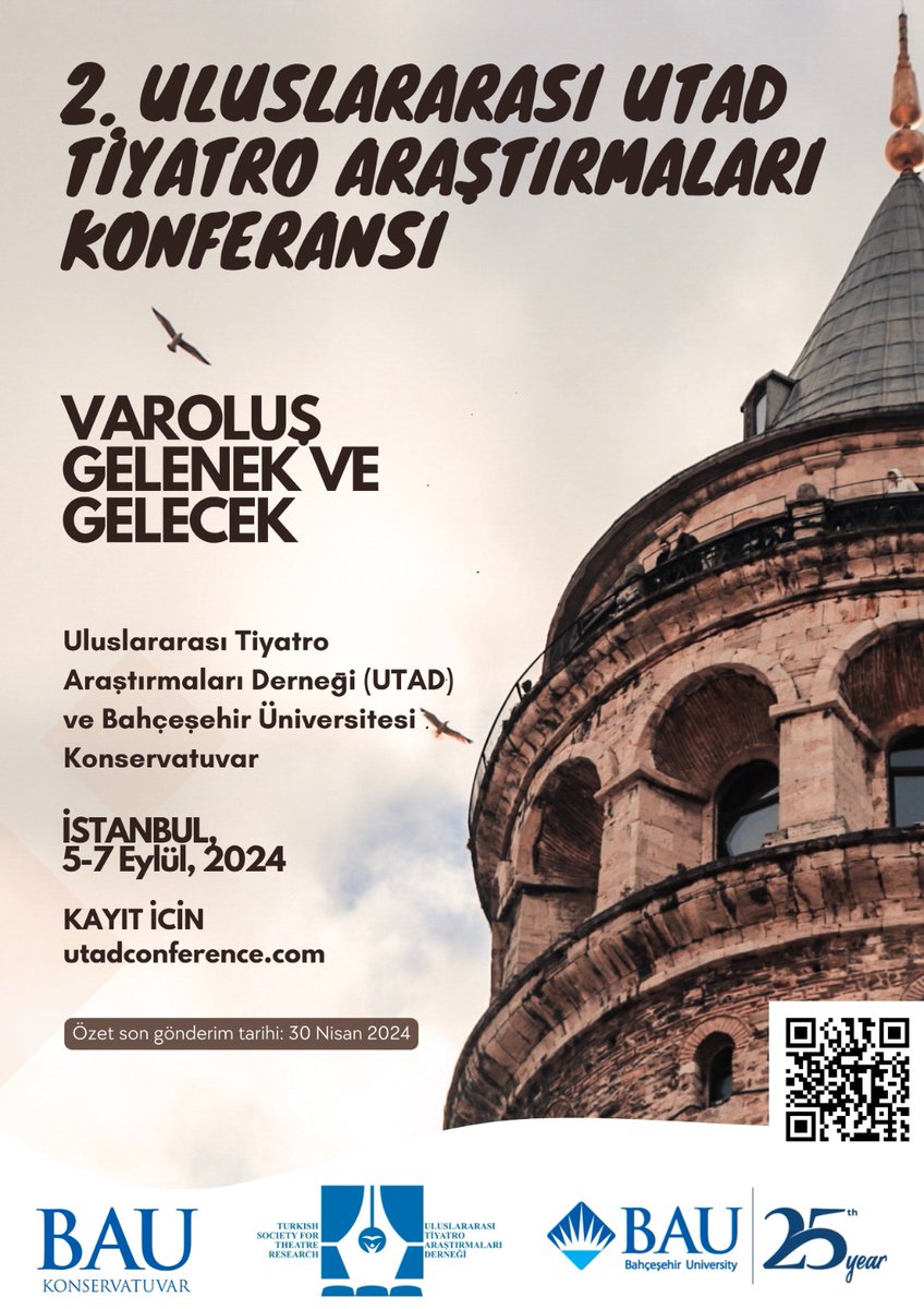 TiyatroDernegi's tweet photo. Değerli tiyatro dünyası! İkinci UTAD uluslararası tiyatro araştırmaları konferansımızı Bahçeşehir Üniversitesi Konservatuvar işbirliğiyle İstanbul'da düzenliyoruz. Tiyatro çalışmalarınızı bekliyoruz!

Özet son teslim: 30 Nisan 2024
Detaylı bilgi: https://t.co/VG81bvw4go https://t.co/MupJjOp1eV