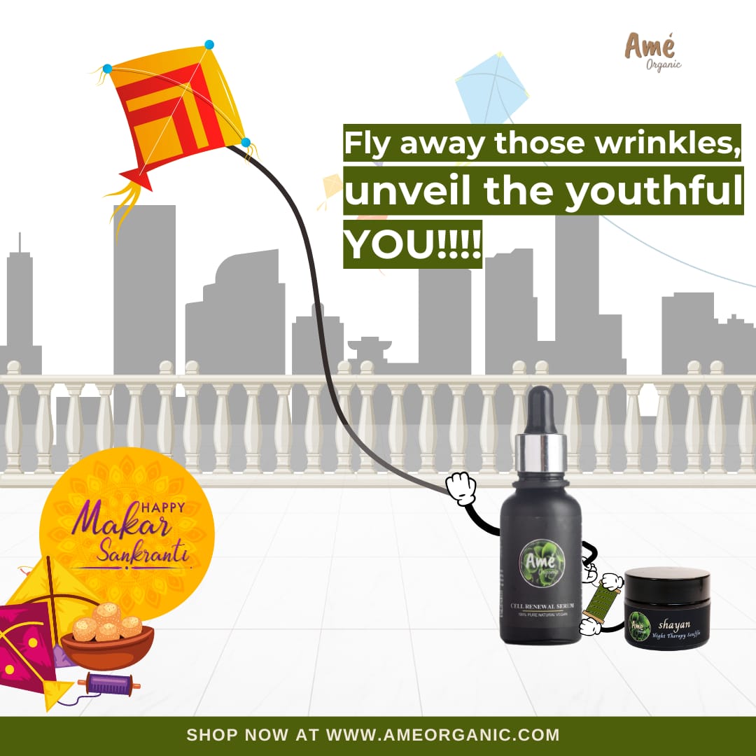 Embrace the festive vibes, beautiful! 
🪁 As you soar high with kites this Lohri and Makar Sankranti, let's focus on fewer kites and more glow! 

Dive into the magic at ameorganic.com and discover your skin's perfect night partner. #SankrantiRadiance #HarvestingTradition