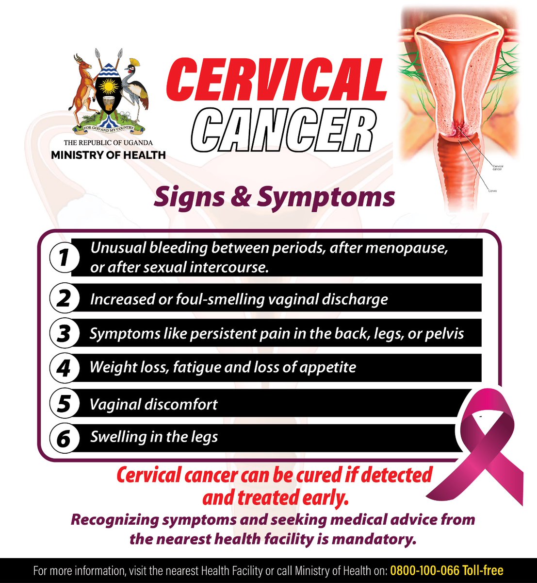 Look out for signs and symptoms of #CervicalCancer.

Cervical Cancer can be cured if detected and treated early.

#CervicalHealthAwarenessMonth