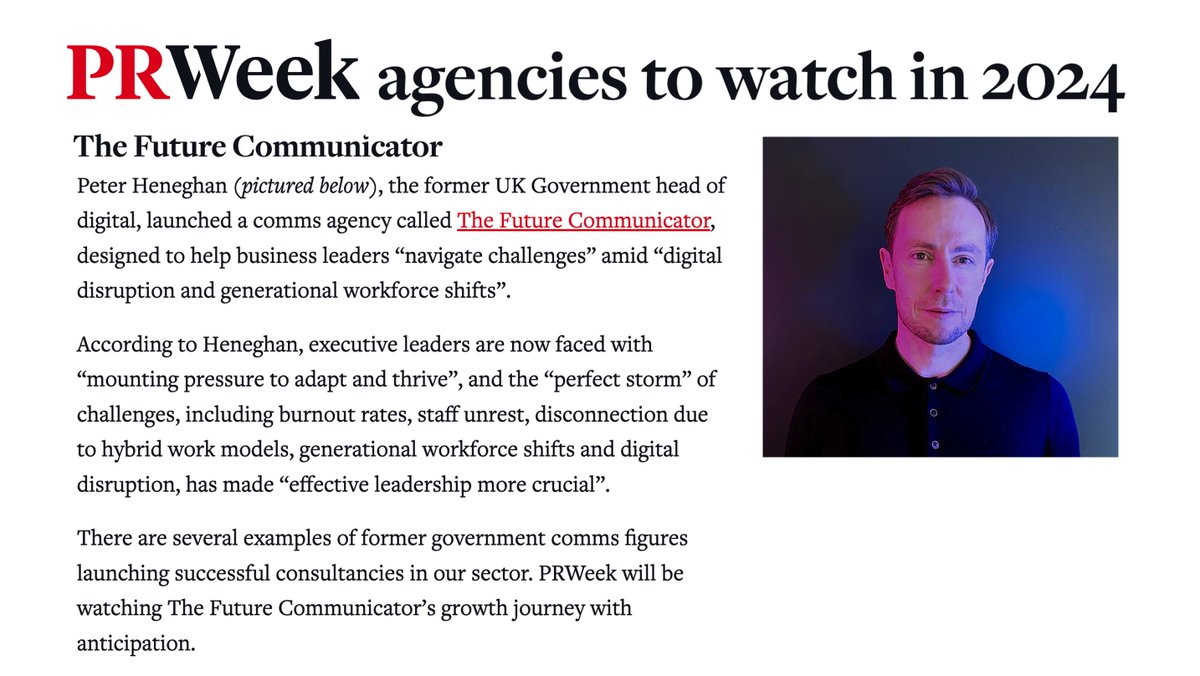 Massive thank you to <a href="/prweek/">PRWeek</a> ❤️🙏
The entire team <a href="/TheFutureComms/">The Future Communicator</a> are delighted to be included in their list of agencies to watch in 2024.  We're using AI, tech and authentic human communications to help our clients succeed 🚀
prweek.com/article/185192…