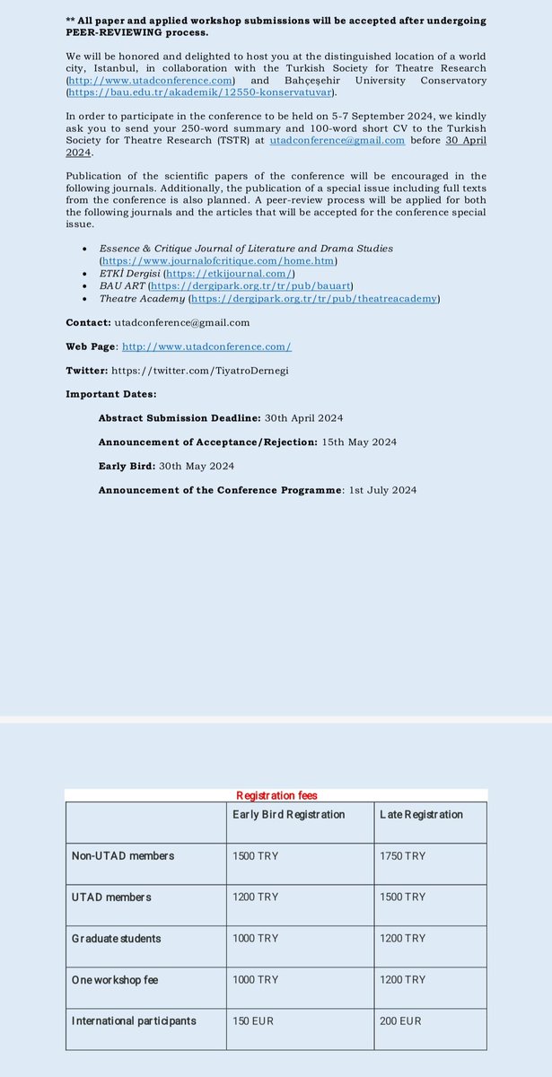 Theatre community! Thrilled to announce the second UTAD International Theatre Research Conference in Istanbul, held in collaboration with Bahçeşehir University Conservatory. We eagerly await your submissions!

Abstract deadline: April 30, 2024
For more: utadconference.com