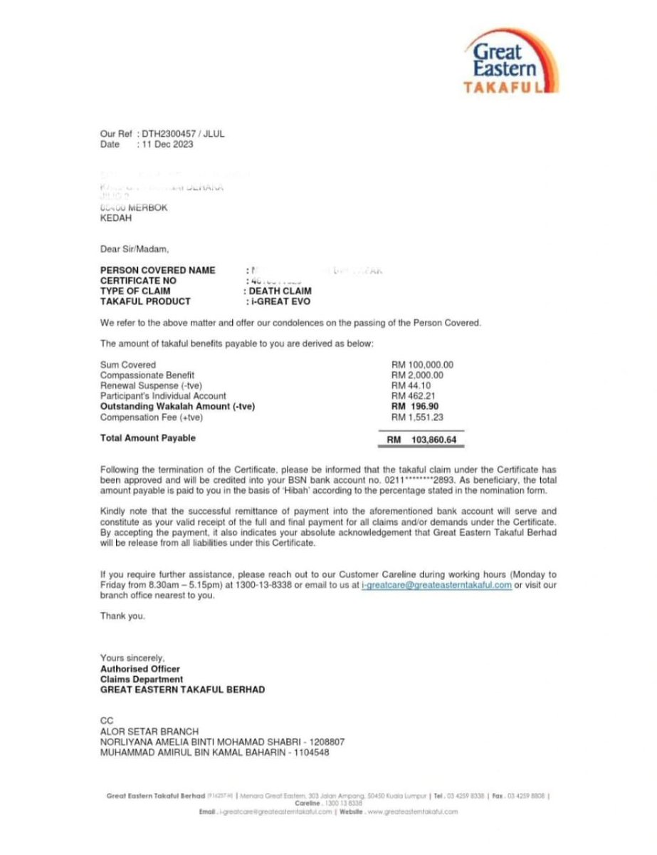 nsalftri's tweet photo. Alhamdulilllah, arwah baru mencarum 2 tahun dalam polisi hibah takaful. Bulanan tak sampai RM100. 

Claim Hibah Takaful RM103,860.64 LULUS ✅ https://t.co/zyAt6EsqS9