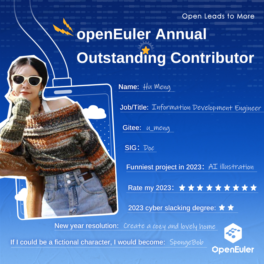 openEuler's tweet photo. Meet Hu Meng, one of the #openEuler Annual Outstanding #Contributors and a dedicated information development #engineer. Her playful spirit helps make our community more vibrant and creative.๐ช Keep shining in the #opensource journey! #GrowwithopenEuler #openEulerDevelopers #devs https://t.co/oQjveyIAFl