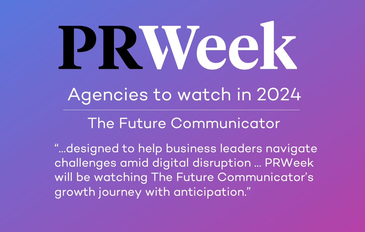Massive thank you to <a href="/prweek/">PRWeek</a>  ❤️🙏
The entire team at The Future Communicator are delighted to be included in their list of agencies to watch in 2024. 
We're using AI, tech and authentic human communications to help our clients succeed 🚀
prweek.com/article/185192…