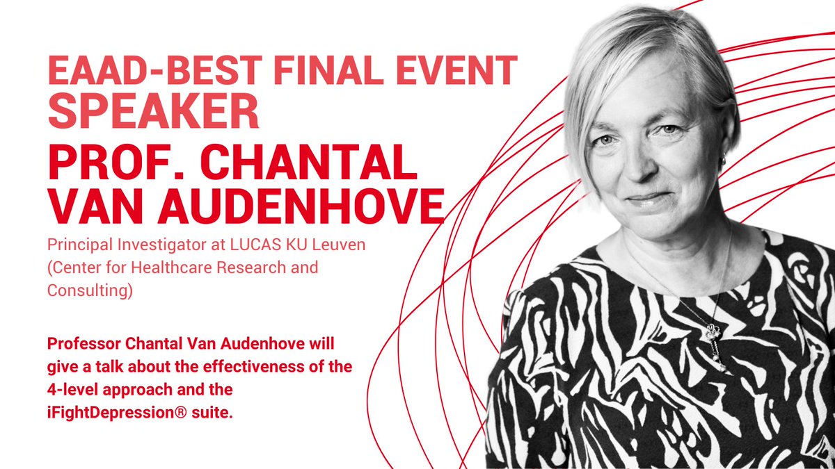 Allow us to introduce one of our speakers at the EAAD-Best Final Event in Brussels!🇧🇪Professor Chantal Van Audenhove will give a talk about the effectiveness of the 4-level approach and the iFightDepression® suite. Register to attend in person: eaad-best.eu/final-event