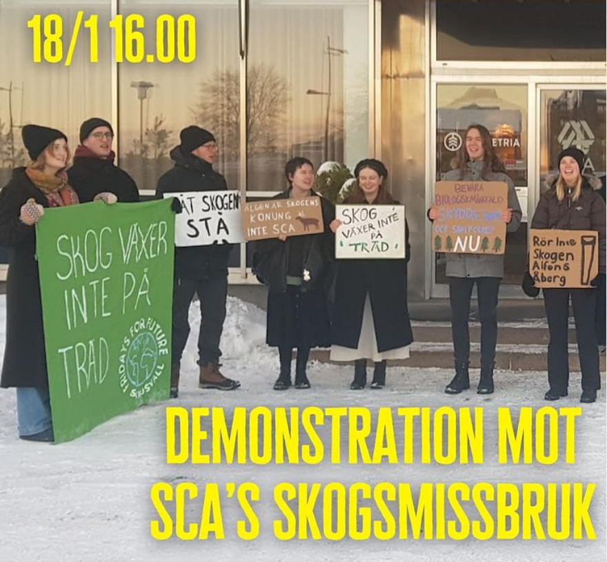 Demonstration utanför SCA:s huvudkontor i Sundsvall den 18 januari kl 16-17. Vi protesterar mot SCA:s klimatskadliga avverkningsmetoder & systematiska avverkningar av oersättliga skogar med höga naturvärden; instagram.com/skyddaskogen/p… #skyddaskogen #hållbarhetskris #swegreen