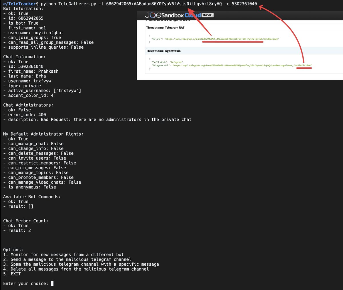 Kostastsale's tweet photo. I created #TeleTracker, a repo to help researchers track Telegram-based C2 comms used by malware authors🚨
🔗 Check it out: https://t.co/clec4UMQjb
✨Features:
- Send messages to the channel 😈
- Delete all messages from the channel 🤭
- Collect info from bot channels and the usernames behind them 💡
- Monitor for new messages to the channel by other bots or users 💡
- Spam the channel with a specific message 😈