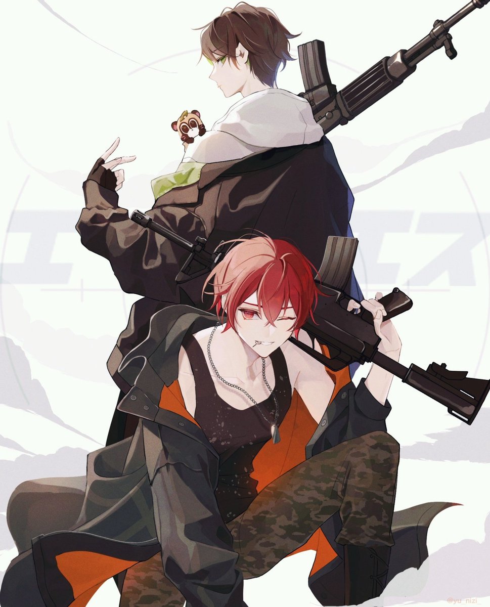 multiple boys weapon 2boys gun male focus dog tags red hair  illustration images