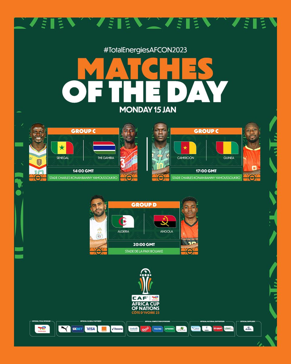 spacefootafr's tweet photo. 3ème journée de #TotalEnergiesAFCON 😍
Programme du jour:
Senegal 🇸🇳 vs 🇬🇲Gambie
Cameroun 🇨🇲 vs 🇲🇱 Mali 
Algérie 🇩🇿 vs 🇦🇴 Angola https://t.co/pNm9KkuIS5