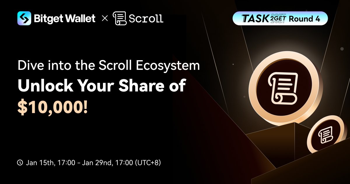 BitgetWallet's tweet photo. #BitgetWallet launches Round 4 of #Task2Get with @Scroll_ZKP!

🏆 Complete the #Scroll interaction via #Task2Get to share a prize pool of $10,000! The top 5 participants will receive a reward of 200 USDT each. ALSO, trading NFTs will share a pool of 1,000 USDT! 

Stand a chance to win $500 from completing this #Galxe task: https://t.co/flQDb5ODKI

📝 Full details: https://t.co/NWJcVN3fNL