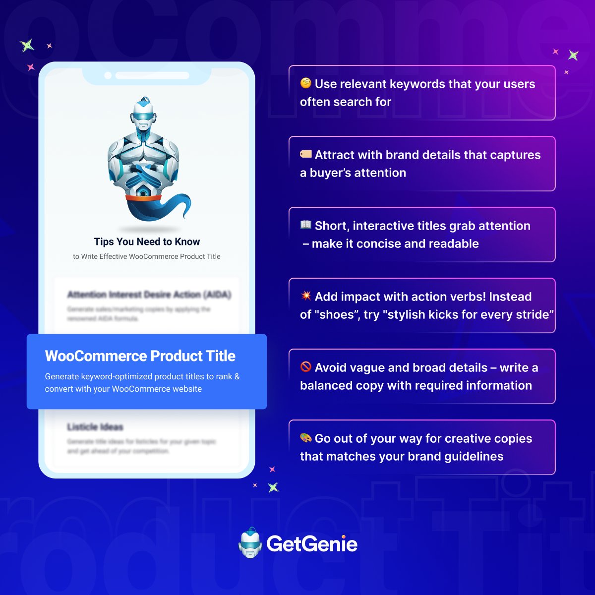 getgenieai's tweet photo. 👀 Do you know? Your product’s title is the first hello 👋🏻 to your customers. Let’s make it count! 😎 🛍️

👉🏾 Hop on to the 𝟲 𝗮𝗺𝗮𝘇𝗶𝗻𝗴 𝘁𝗶𝗽𝘀 to write effective 𝗧𝗶𝘁𝗹𝗲𝘀 for your 𝘞𝘰𝘰𝘊𝘰𝘮𝘮𝘦𝘳𝘤𝘦 𝘱𝘳𝘰𝘥𝘶𝘤𝘵𝘴!

#WooCommerce #ProductTitle #GetGenieAI https://t.co/kl2bdE031L