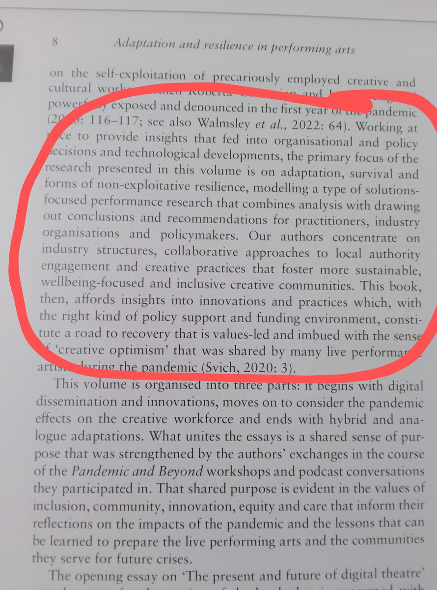 PascaleExeter's tweet image. The joys of #proofing work that is full of hope and @Csvich's "creative optimism": the Introduction to the @PandemicBeyond #AdaptationAndResilience in the performing arts volume.

Just the right kind of reading with which to kickstart the new term.