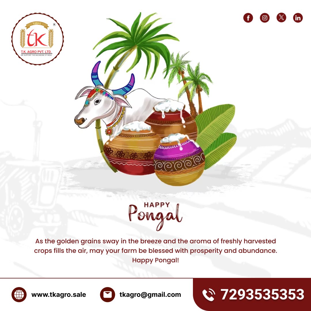 tkagro's tweet photo. Happy Pongal to All! 🌾✨

Wishing everyone a joyful and prosperous Pongal! May this harvest festival bring abundant happiness, good health, and bountiful harvests into your lives. Let the festivities begin! 🌾🌞 .
.
.
#HappyPongal  #pongal2024 #PongalCelebrations  #agriculture https://t.co/KBnfa0vLRC
