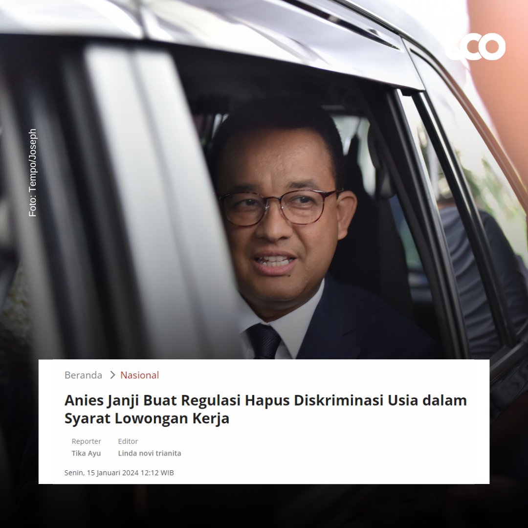 tempodotco's tweet image. Calon presiden nomor urut satu Anies Baswedan menjanjikan membuat regulasi  menghapus diskriminasi usia dalam persyaratan lowongan kerja. 

Menurutnya, diskriminasi usia satu dari banyaknya persyaratan pekerjaan yang aneh.

#TempoHeadliner #Anies