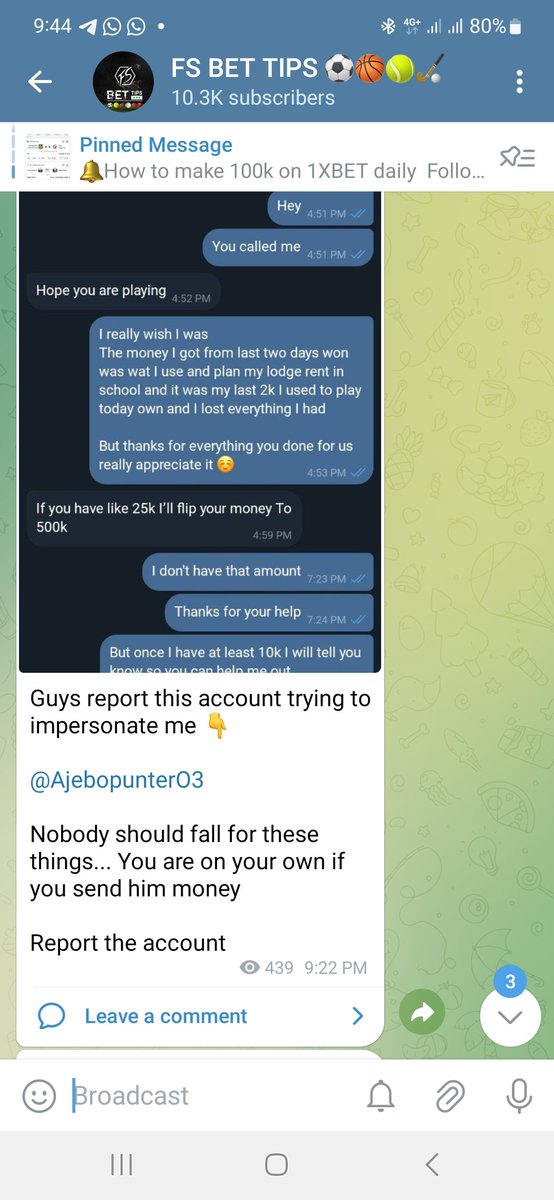 fsbettips's tweet photo. @itzsouthpaw1 You can see my chat with him telling him not to use my name again to DM people... Also you can see my post warning my subscribers of the scammer impersonating me

I've told my subscribers to report the account so be careful guys. No admin will DM you first for any reason https://t.co/m4Ms3yuTwr