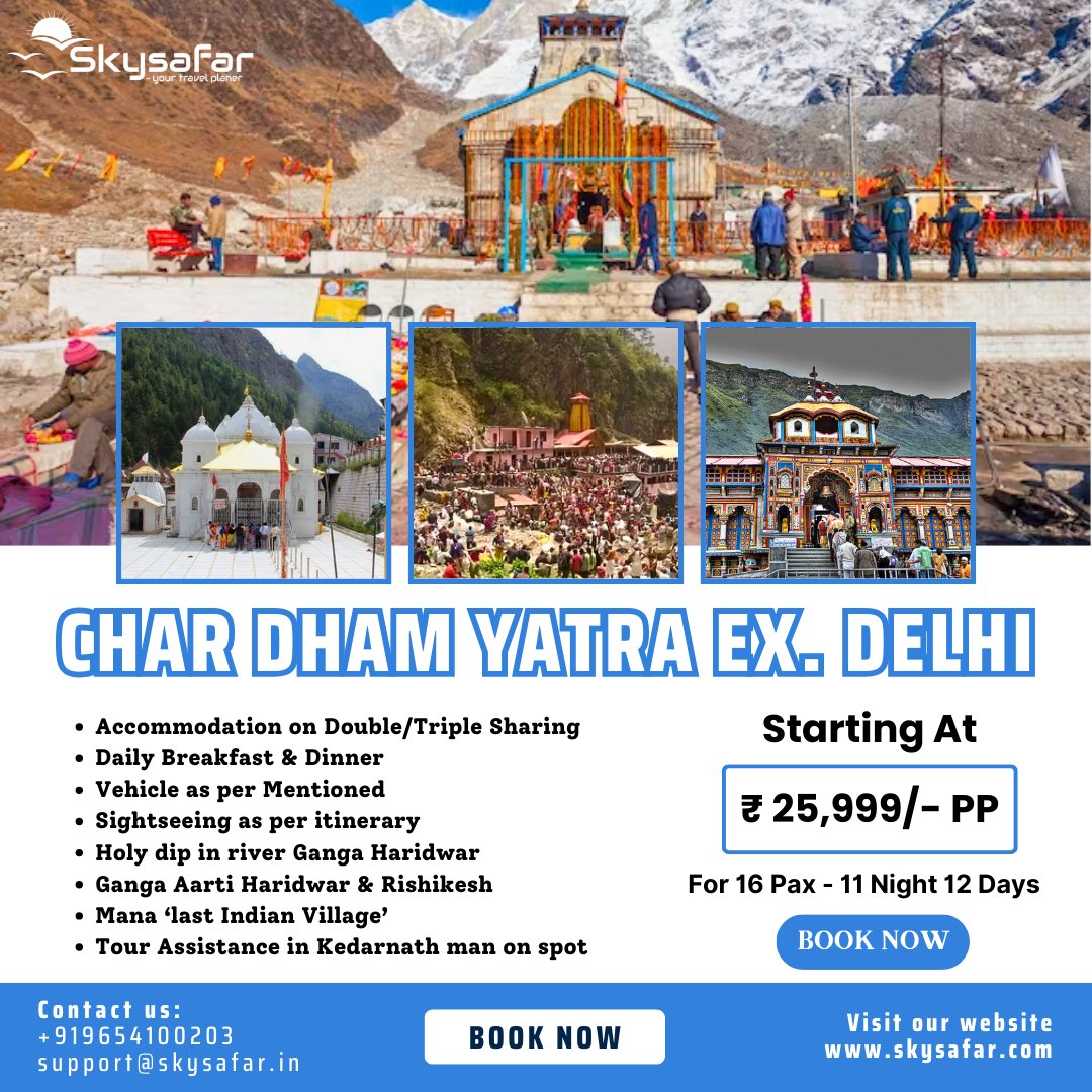 Char Dham Yatra Ex. Delhi
Call for Bookings : 9654100203
Email : support@skysafar.in
Web : skysafar.com
Whatsapp : wa.me/9654100203
#skysafar #CharDhamYatra #DivineJourney #SacredSites #Yamunotri #Gangotri #Kedarnath #Badrinath #SpiritualOdyssey #Pilgrimage