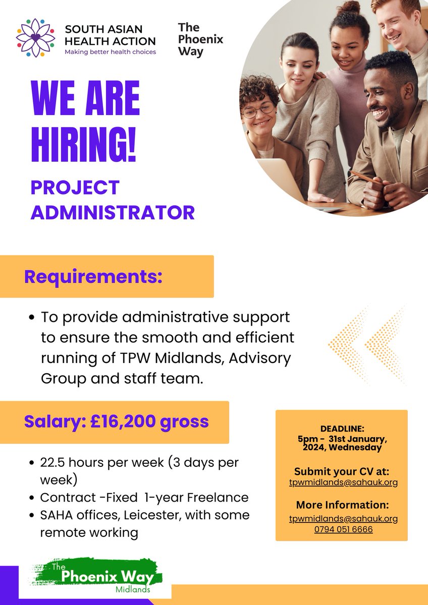 SAHealthAction's tweet image. ๐ Hiring Alert: Project Administrator at The Phoenix Way! Flexible 22.5 hrs/week, 1-year freelance. Help us run TPW Midlands smoothly. 
Apply before 31 Jan '24! ๐ง tpwmidlands@sahauk.org 
#HiringNow #ProjectAdmin #FlexibleJobs