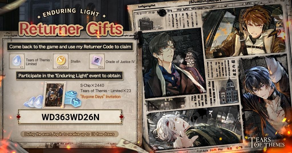 lenitia__li's tweet photo. Welcome back to Stellis! Here's a special Returner Gift for you. Log in now and participate in the "Enduring Light" Event! Link my exclusive Returner Code "WD363WD26N" to obtain the gift! #TearsOfThemis #EnduringLight Download link:https://t.co/jKgdbBIuIr https://t.co/kxtuFqIKe4
