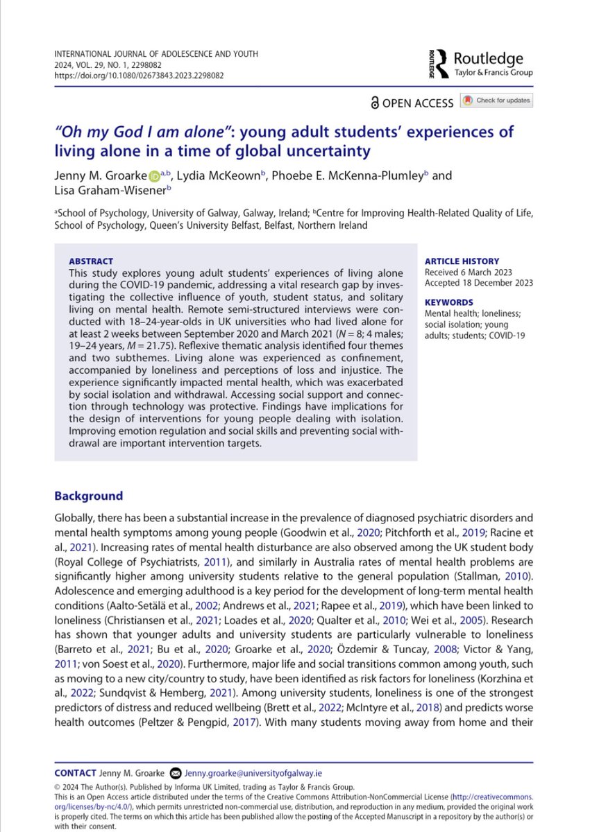 NEW PAPER- university student experiences of living alone during the COVID-19 pandemic @QUBPsych @Galway_Psychol Open access link here- shorturl.at/uzJNY