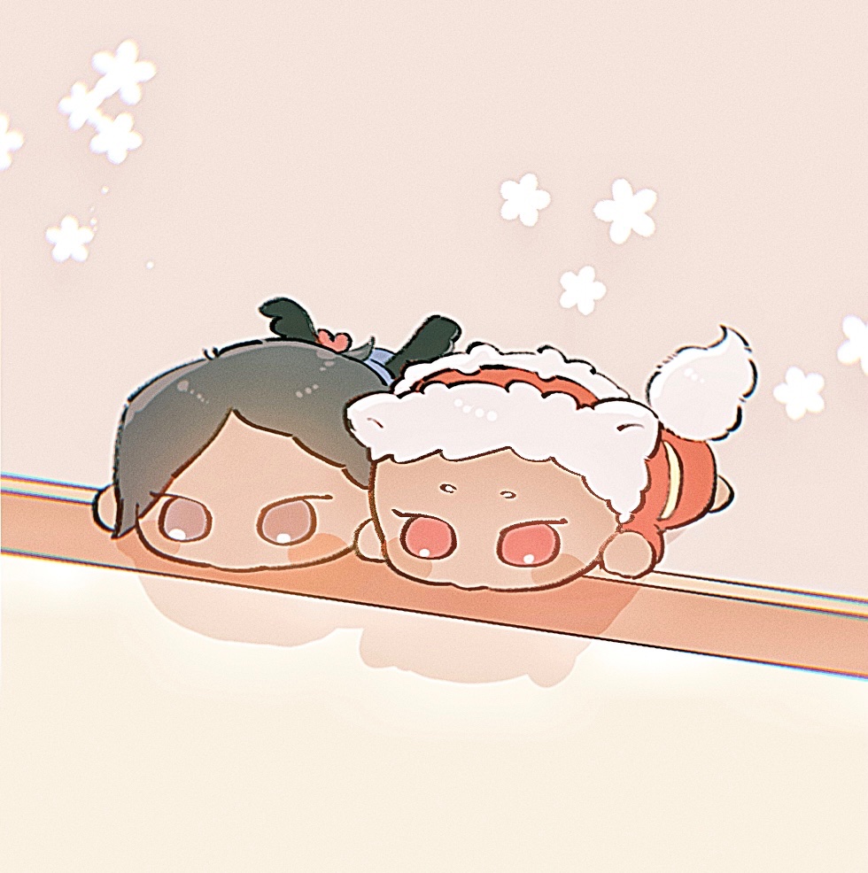 santa hat chibi black hair on stomach red eyes hat lying  illustration images