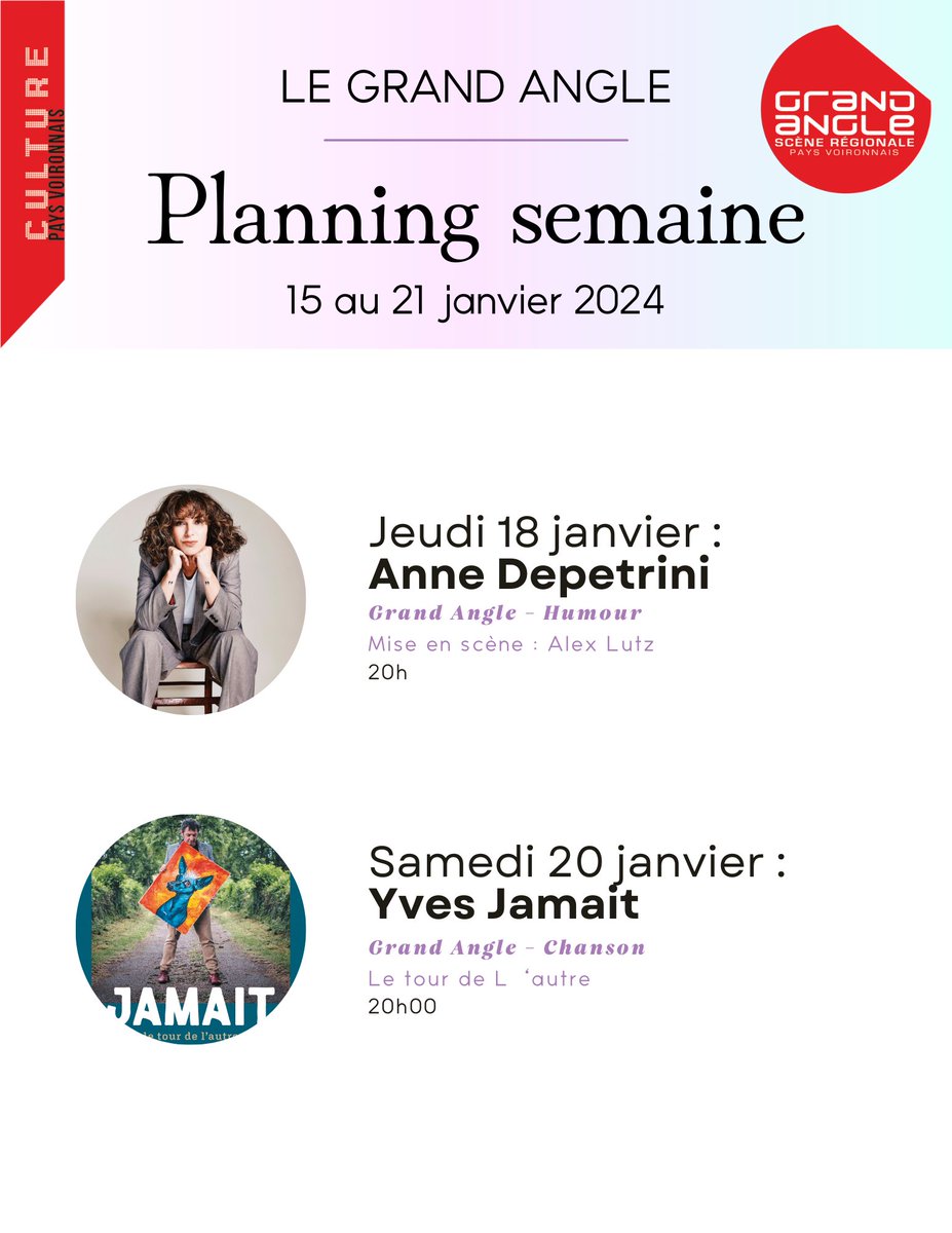Le Planning de la semaine au Grand Angle avec de la chanson et de l'humour ! 🎶