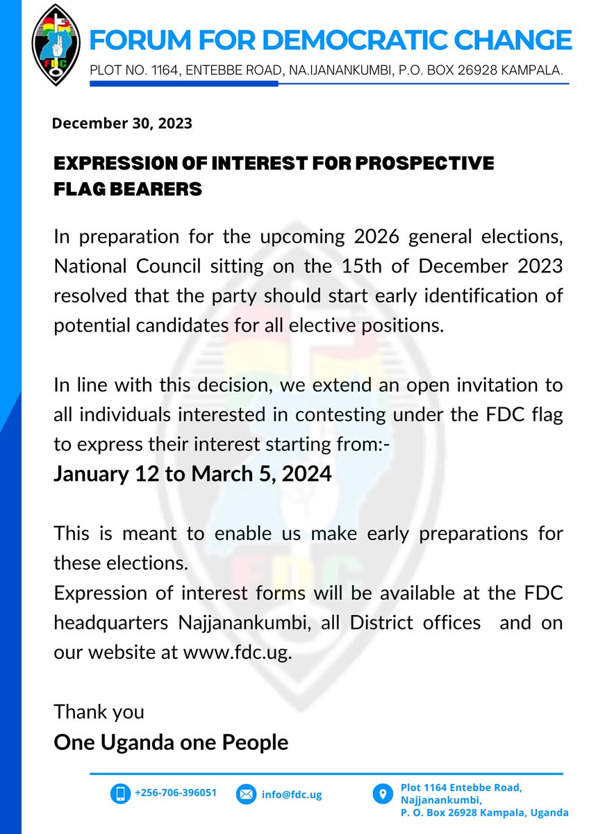 EXPRESSION OF INTEREST FOR PROSPECTIVE FLAG BEARERS In preparation for the upcoming General Elections, National Council sitting on the 15th of December 2023 resolved that the party starts early identification of potential FDC candidates for all elective positions. We have already…