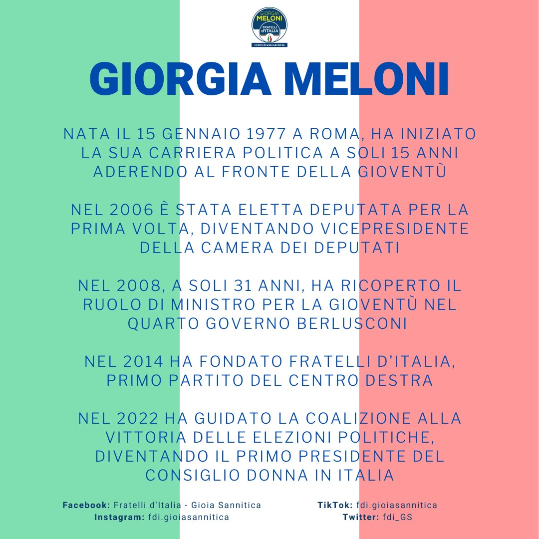 fdi_GS's tweet photo. GIORGIA MELONI: DAL FRONTE DELLA GIOVENTÙ ALLA PRESIDENZA DEL CONSIGLIO

Prima donna a guidare l'Italia come Presidente del Consiglio, Giorgia Meloni continua a segnare la storia politica italiana. 

Buon compleanno, Giorgia! Buon compleanno, Presidente! 🇮🇹 https://t.co/mq3EOTY6Sr