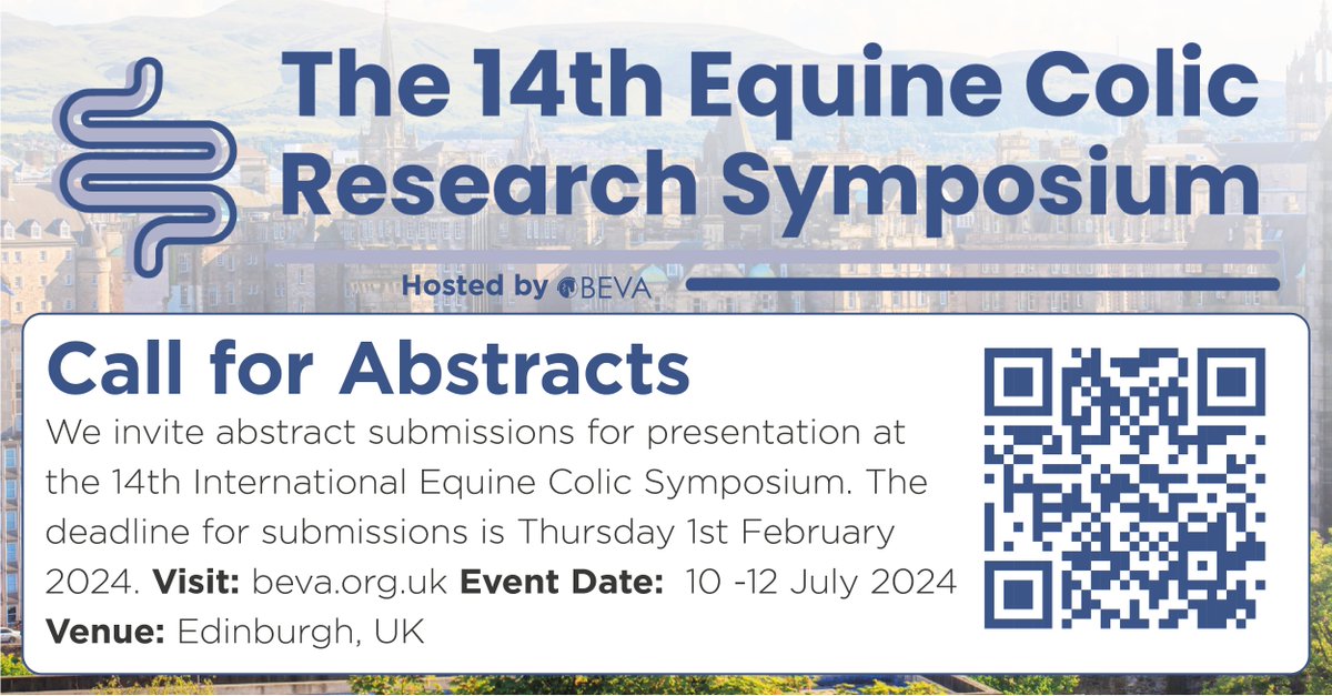 We're pleased to be hosting the 14th International Equine Colic Symposium in Edinburgh this July. We're currently inviting researchers to submit their abstracts for presentation at the symposium. bit.ly/47tsDvl

We look forward to welcoming you to Edinburgh.
