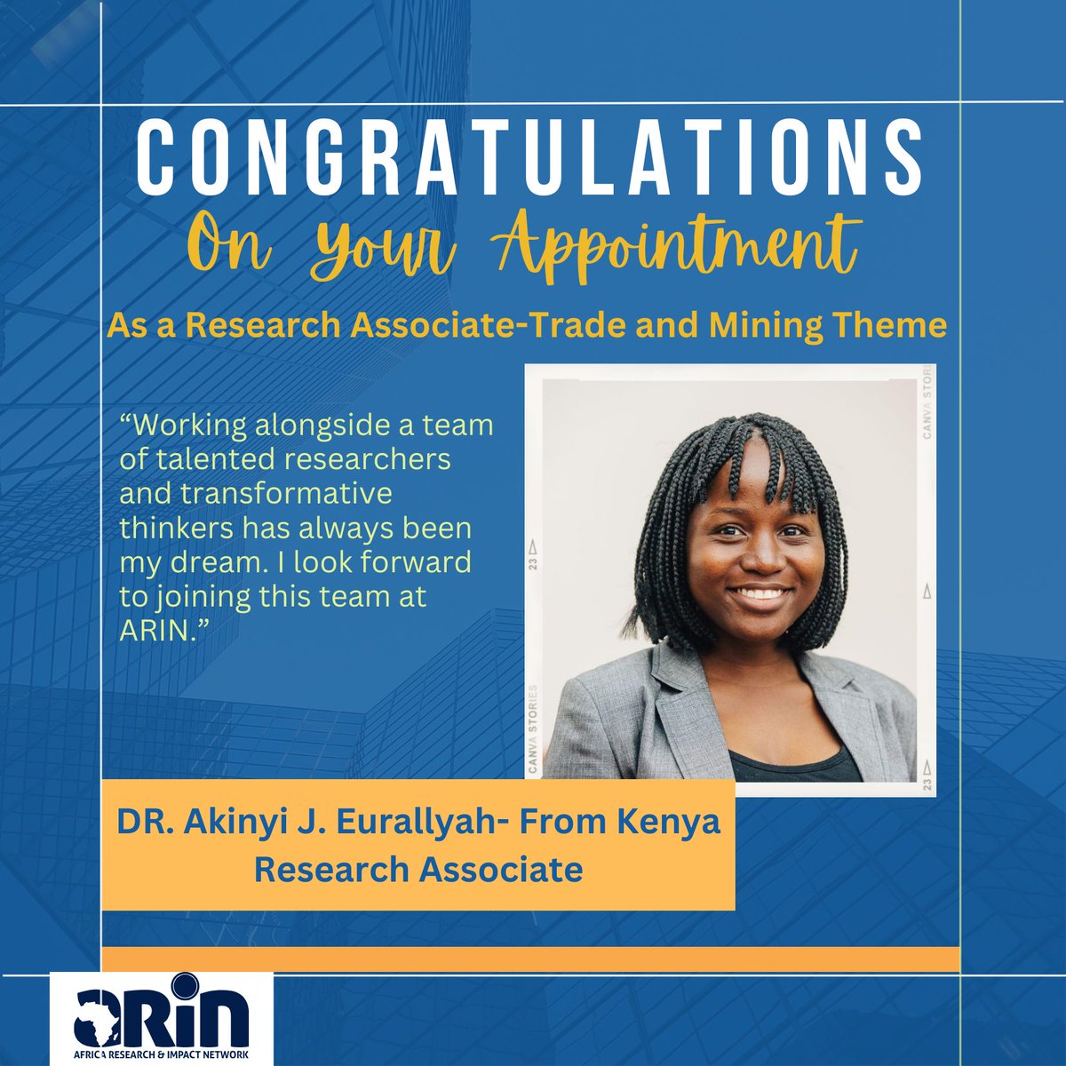 arin_africa's tweet photo. As we embark on a promising year of research, we are delighted to welcome new team members to the @arin_africa  Secretariat in Nairobi:

Dr. Eurallya Akinyi (Kenya)-Mining Theme
Dr. Assouhan Jonas (Benin)- the Cities Theme
Dr. Humphrey Agevi(Kenya)- Climate Change Theme
#newteam https://t.co/zWyuWxv6LL